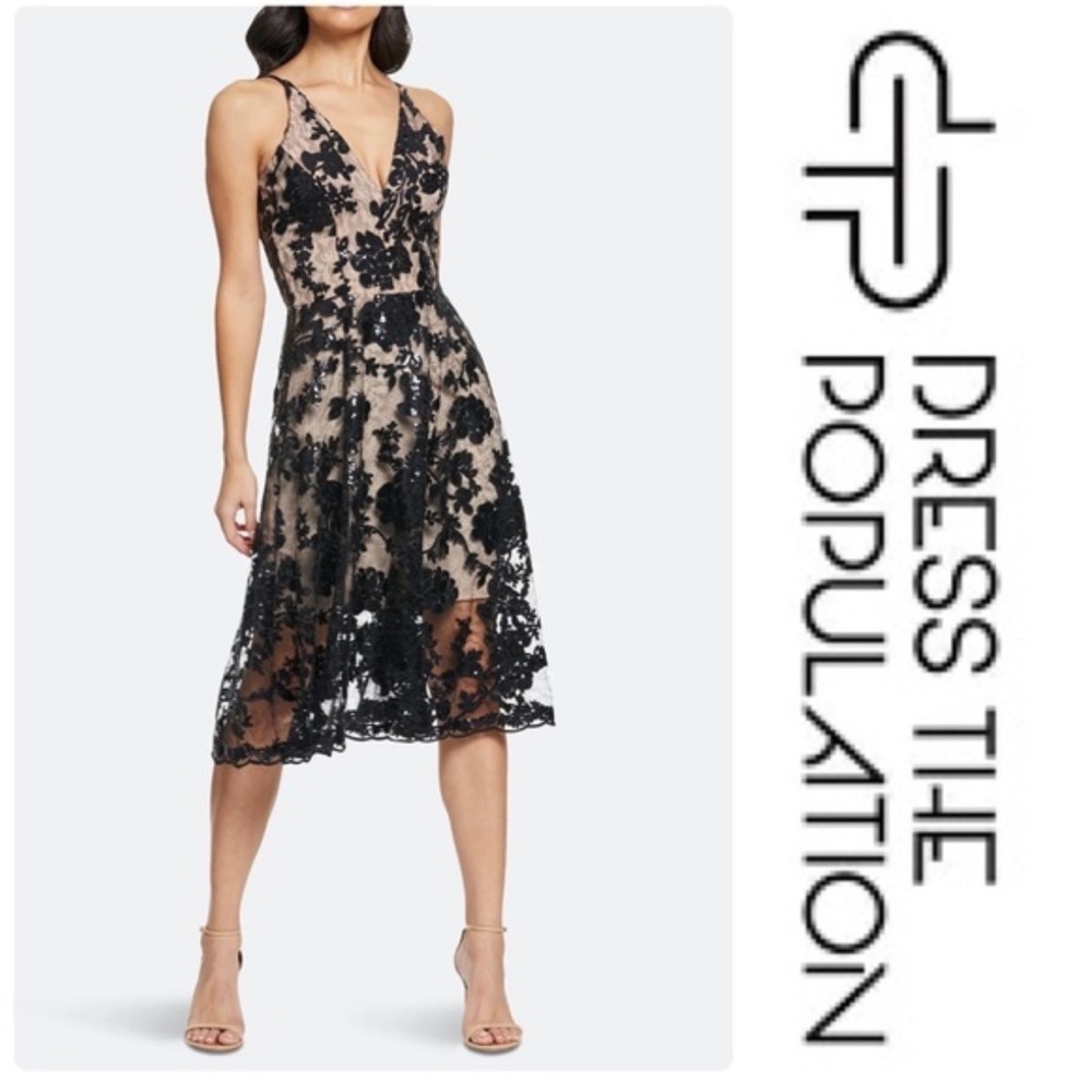 Dress the Population Maria Dress Black Sequin Nude V Neck Midi Size Small